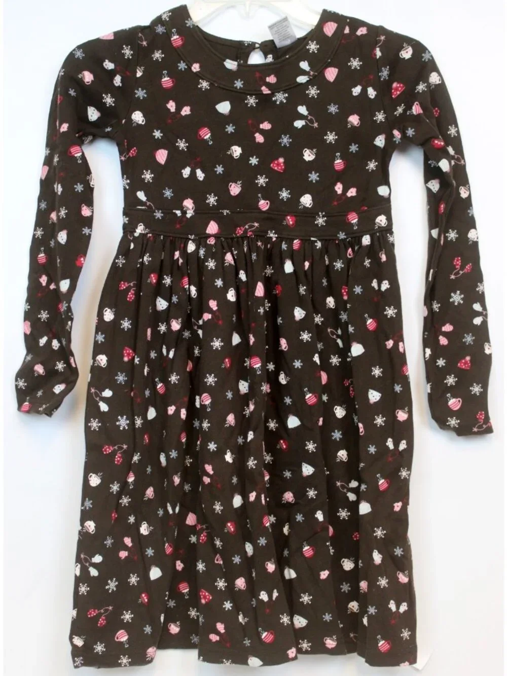 2008 Gymboree Winter Snowflake Brown Print Dress Mittens Mugs Play Cotton sz 3